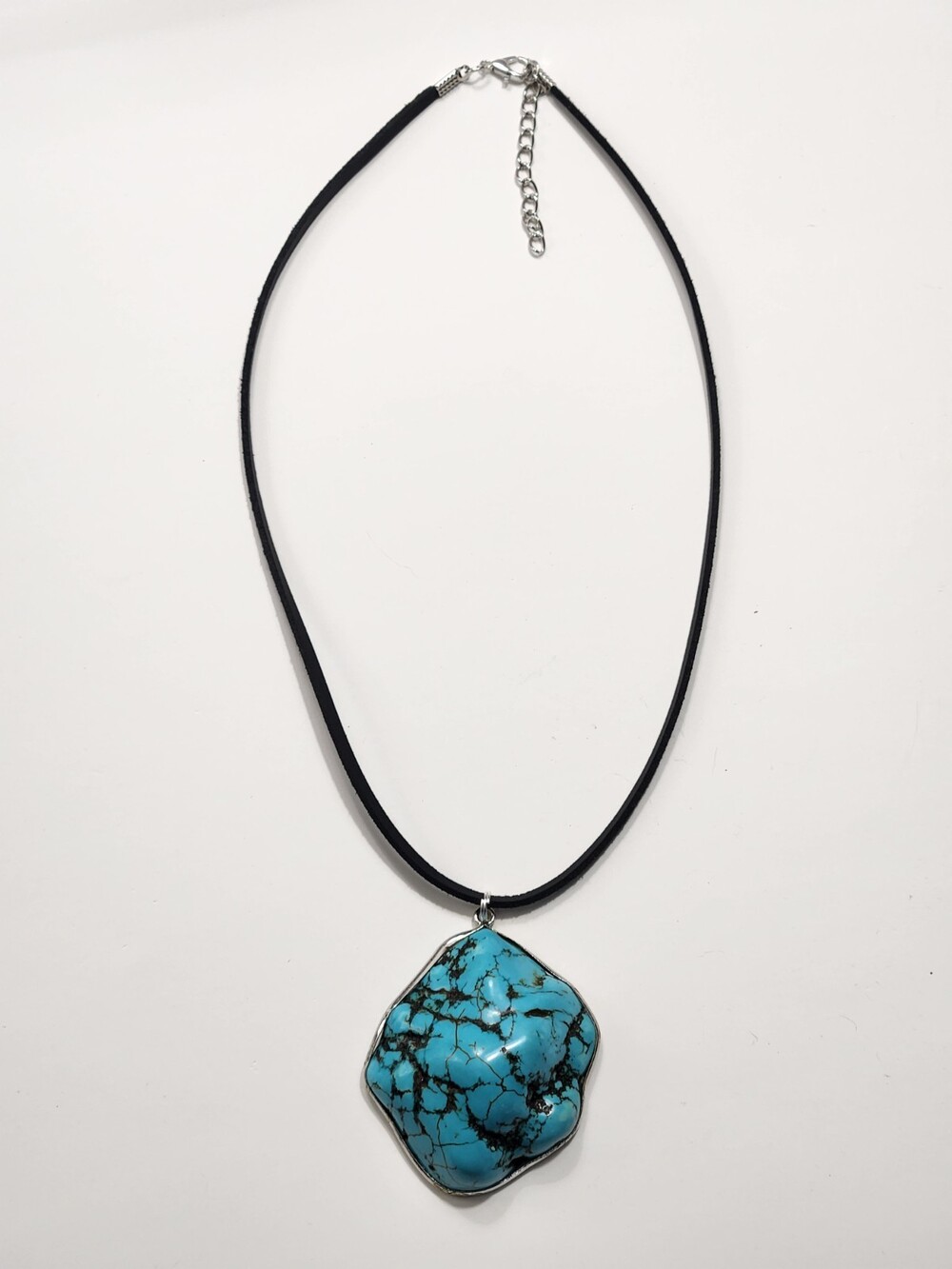 Large Chunky Turquoise Pendant Silvertone Bezel Black Suede Cord Southwest Style